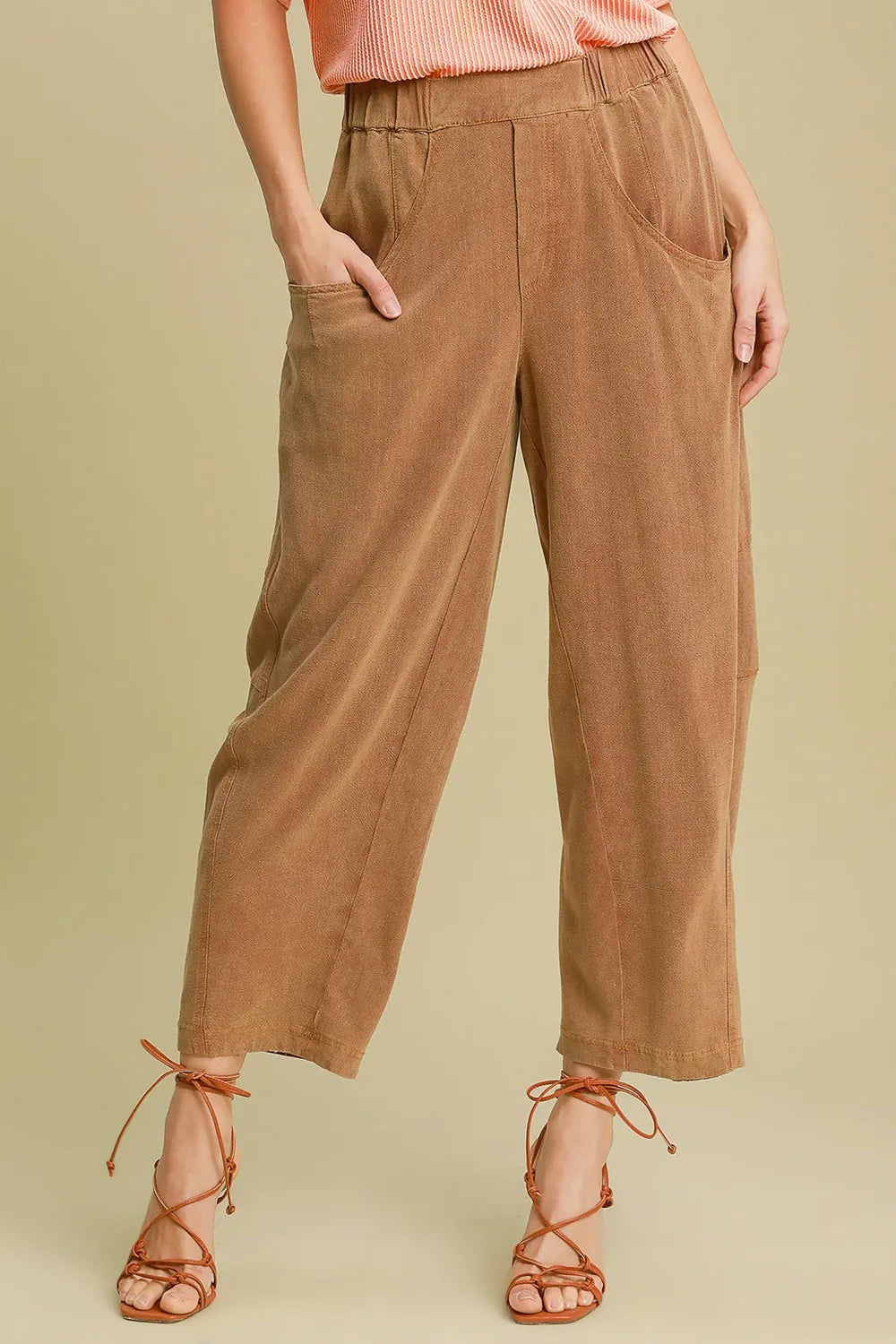 Umgee 55% Linen 45% Cotton Baggy Fit Pants with Elastic Waist and Pockets for Comfort & Style