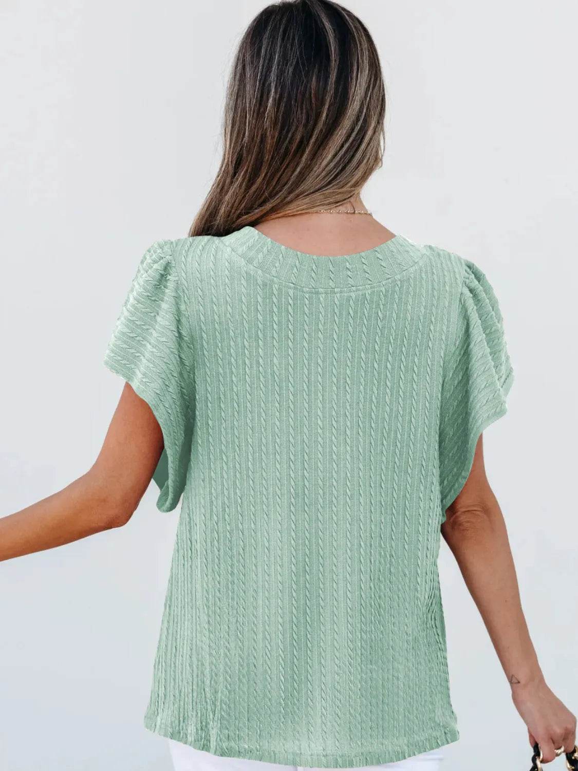 Stylish Round Neck Ruffle Sleeve Top - Slightly Stretchy, 65% Viscose & 35% Polyester, Machine Washable - Store 42
