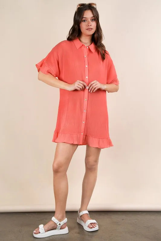 VERY J Pleated Detail Button Down Mini Dress