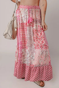 Printed Tassel Drawstring High Waist Maxi Skirt Dusty Pink