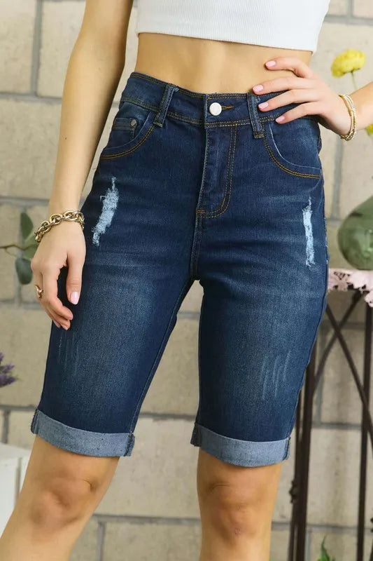 Trendy ADORA Distressed Denim Shorts with Pockets - Casual & Slightly Stretchy for Summer