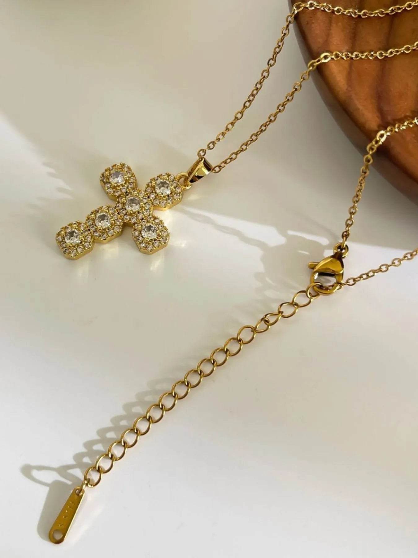 Elegant Stainless Steel Zircon Cross Necklace with 14K Gold-Plated Finish - 18.1 Inch Chain - Store 42