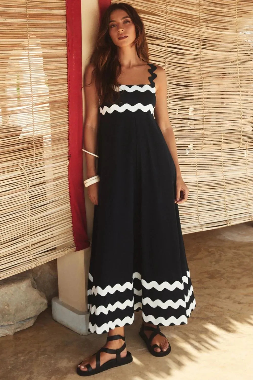 Square Neck Wide Strap Dress with Contrast Trim - 100% Polyester, Opaque Style