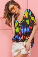 Trendy Tie Dye Print V-Neck Top in Soft Cotton - Chic Jersey Stitched Design - Store 42