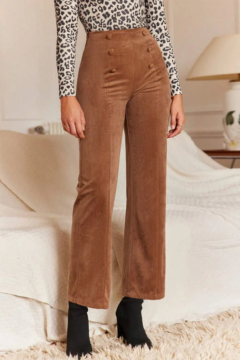 Trendsetting Decorative Button Straight Leg Pants in Opaque Cotton Blend