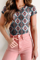 Western Aztec Print Mesh Slim T Shirt