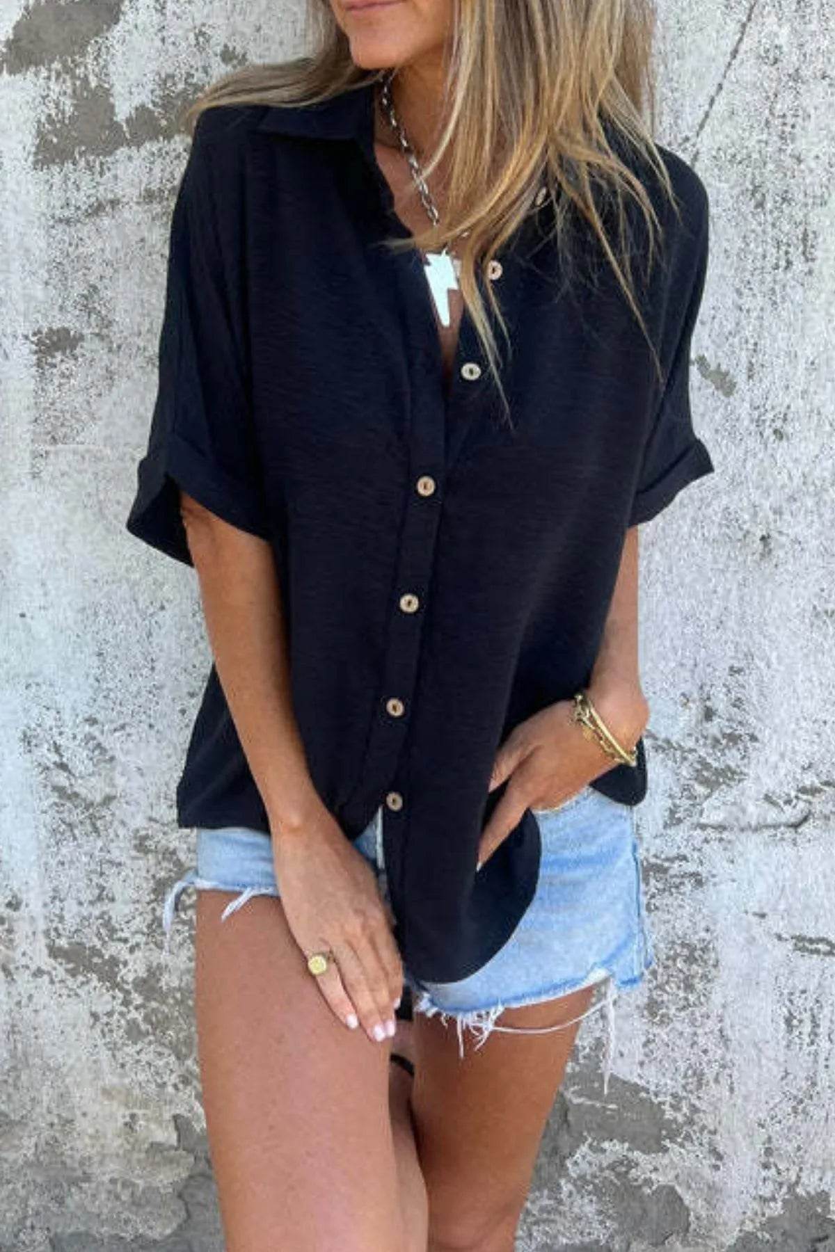 Full Size Casual Button Down Short Sleeve Loose Shirt Plus Size - Store 42