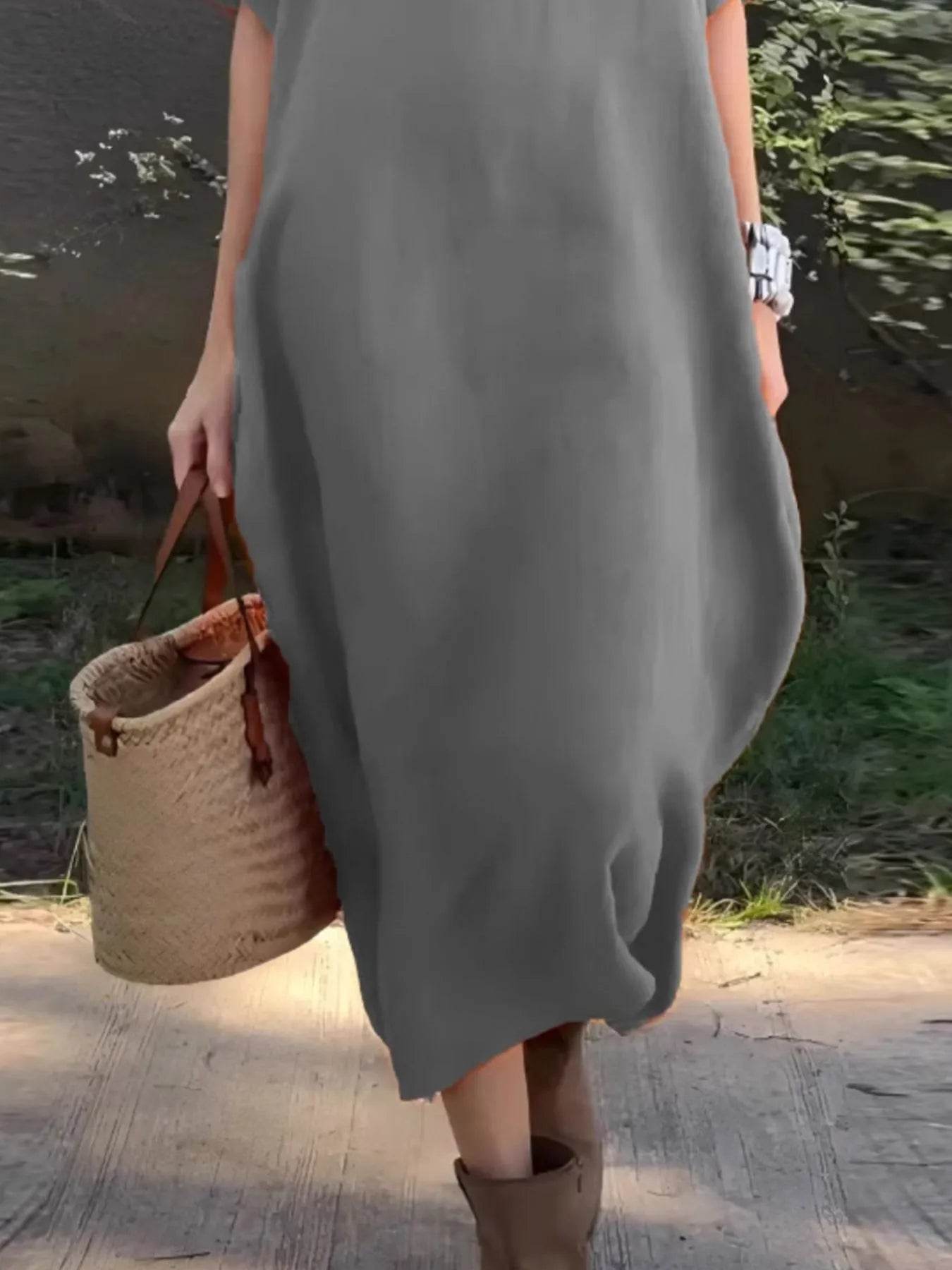Full Size Casual Loose Fit Round Neck Midi Dress Plus Size - Store 42