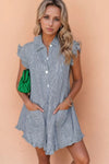 Stripe Frilled Ruffled Cap Sleeve Button Up Mini Dress Stripe