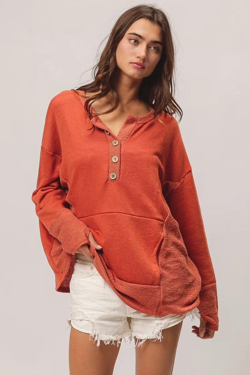 BiBi French Terry Knit Side Block Buttoned Henley Top