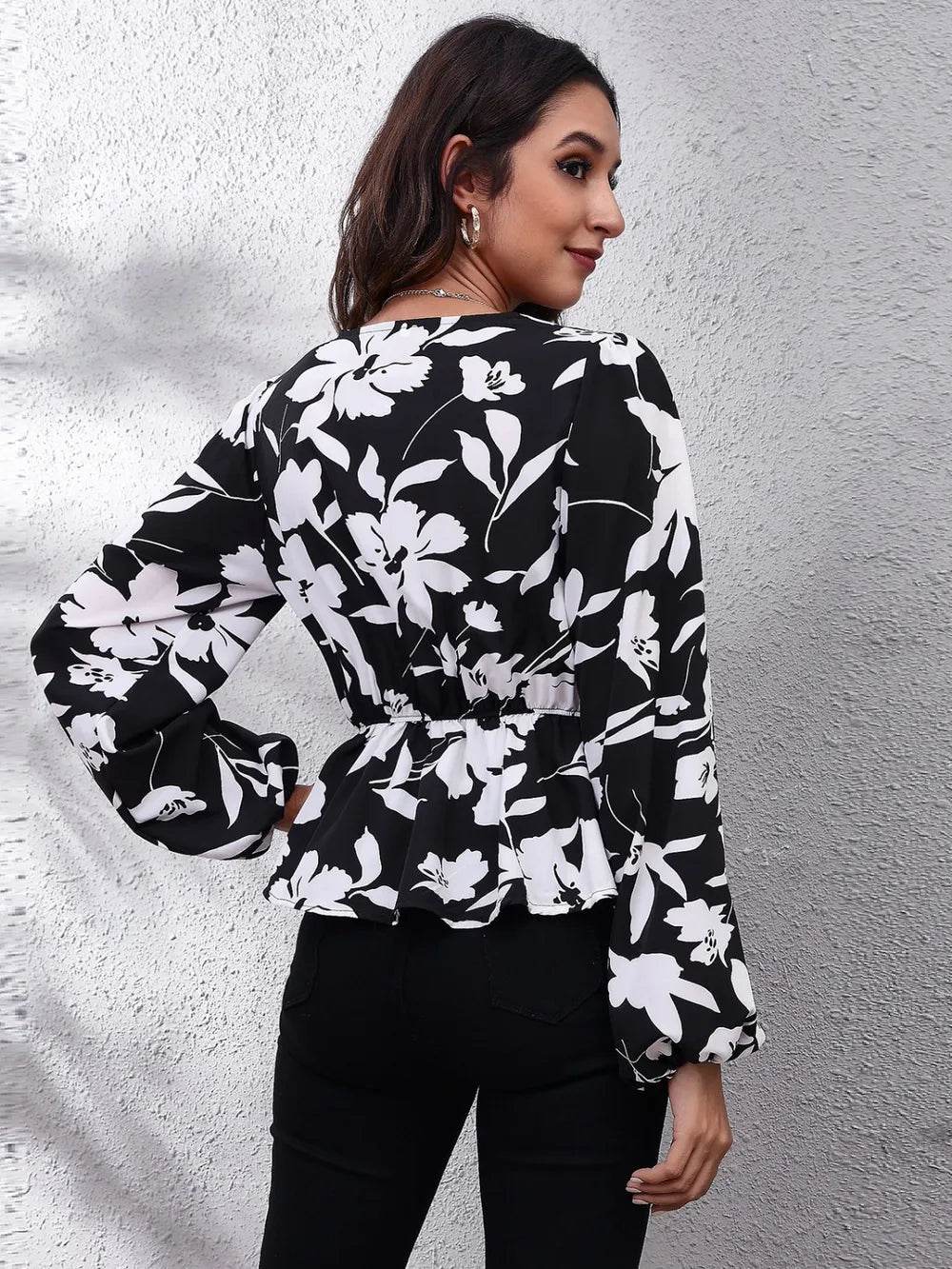 Floral Balloon Sleeve Peplum Blouse with V-Neck - Opaque 100% Polyester, Trendy Style