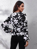 Floral Balloon Sleeve Peplum Blouse with V-Neck - Opaque 100% Polyester, Trendy Style - Store 42