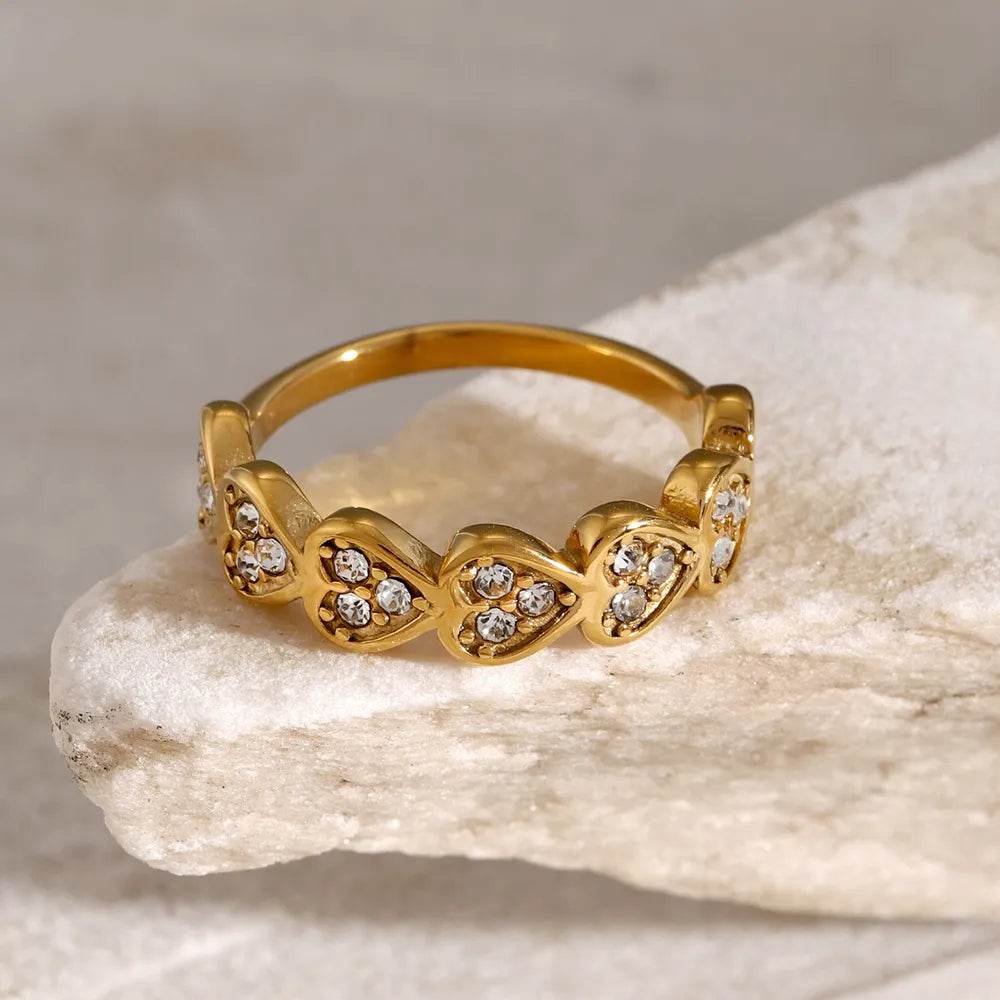 Elegant 18K Gold-Plated Stainless Steel Heart Ring with Zircon Inlay - Size 7