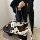 Large Cow Print Furry Tote Bag - Stylish Faux Fur, PU Leather, and Polyester Material - Store 42