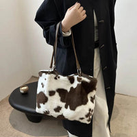 Large Cow Print Furry Tote Bag - Stylish Faux Fur, PU Leather, and Polyester Material - Store 42