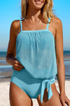 Square Neck Spaghetti Strap Tankini Set Light Blue