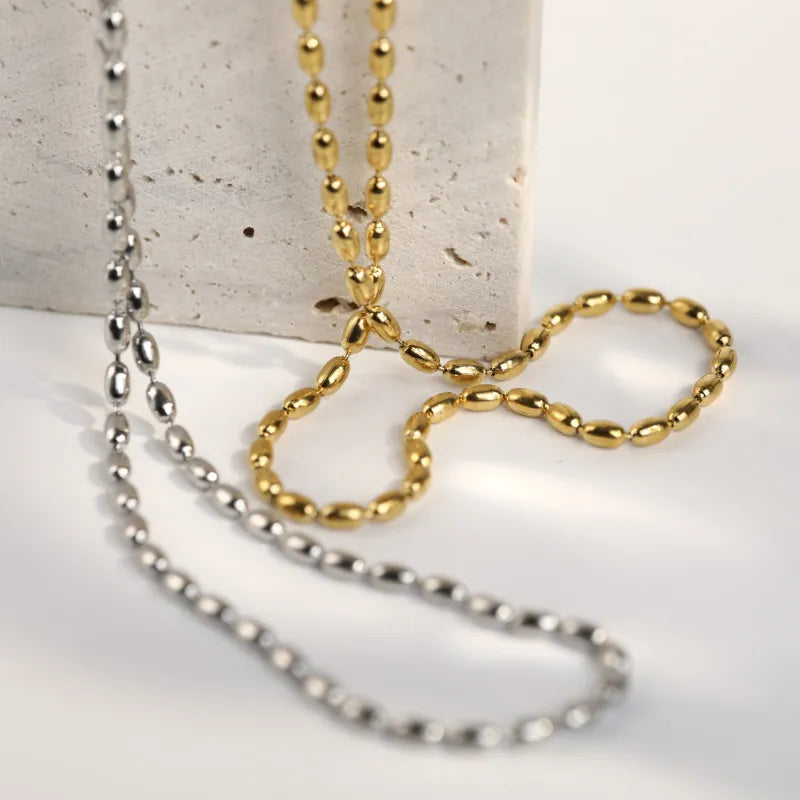 Elegant 18K Gold-Plated Titanium Steel Beaded Necklace with Extension Chain - One Size