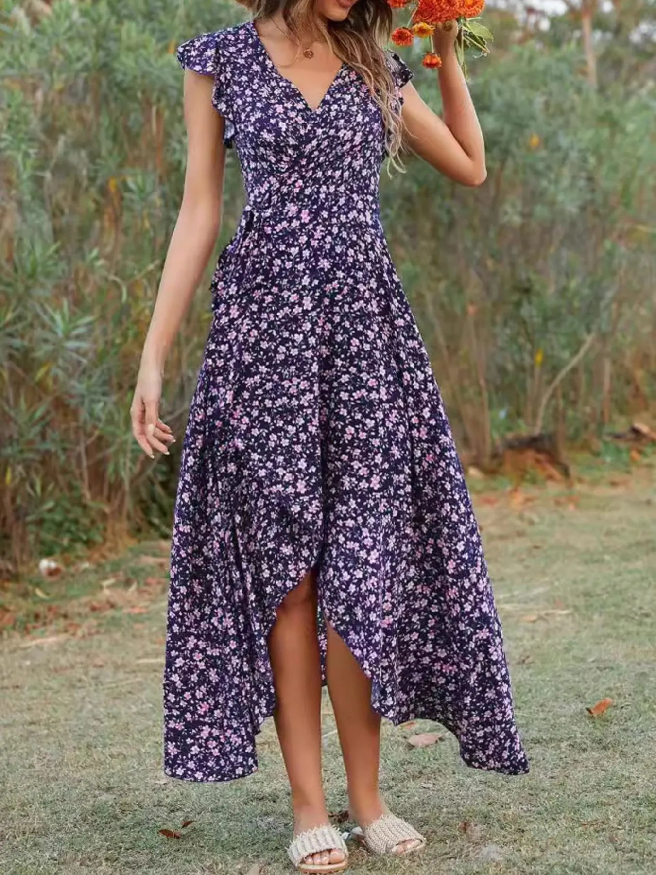 Printed Surplice Ruffle Sleeve Dress