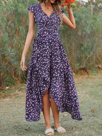 Printed Surplice Ruffle Sleeve Dress