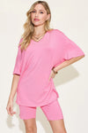 Basic Bae Full Size V-Neck Drop Shoulder T-Shirt and Shorts Set Pink