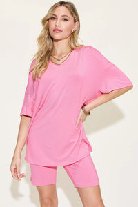 Basic Bae Full Size V-Neck Drop Shoulder T-Shirt and Shorts Set Pink