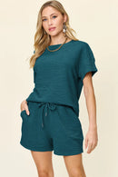 Double Take Full Size Texture Short Sleeve T-Shirt and Drawstring Shorts Set French Blue