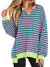 Notched Long Sleeve Oversized Sweatshirt Rose Stripes