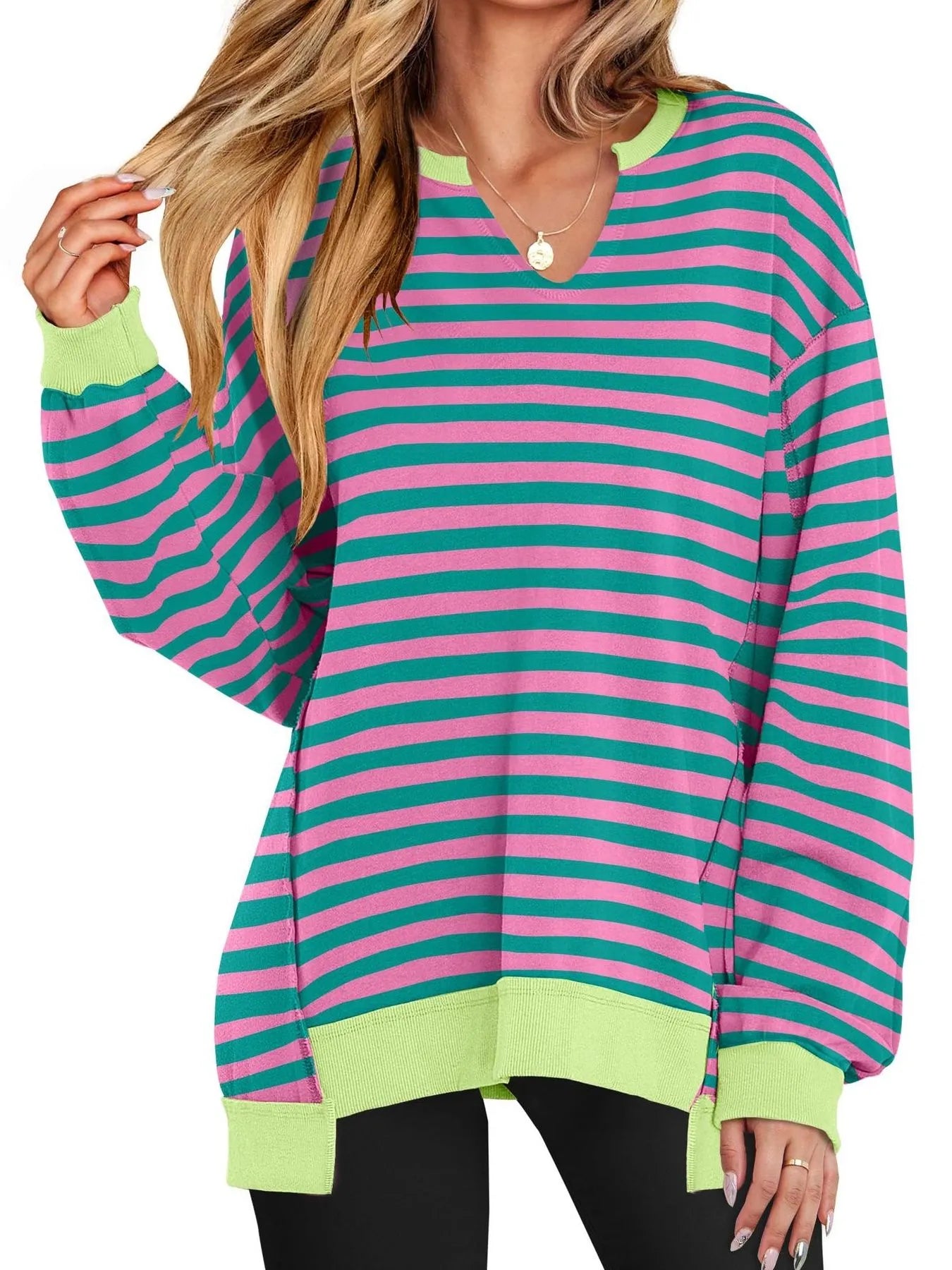Notched Long Sleeve Oversized Sweatshirt Rose Stripes