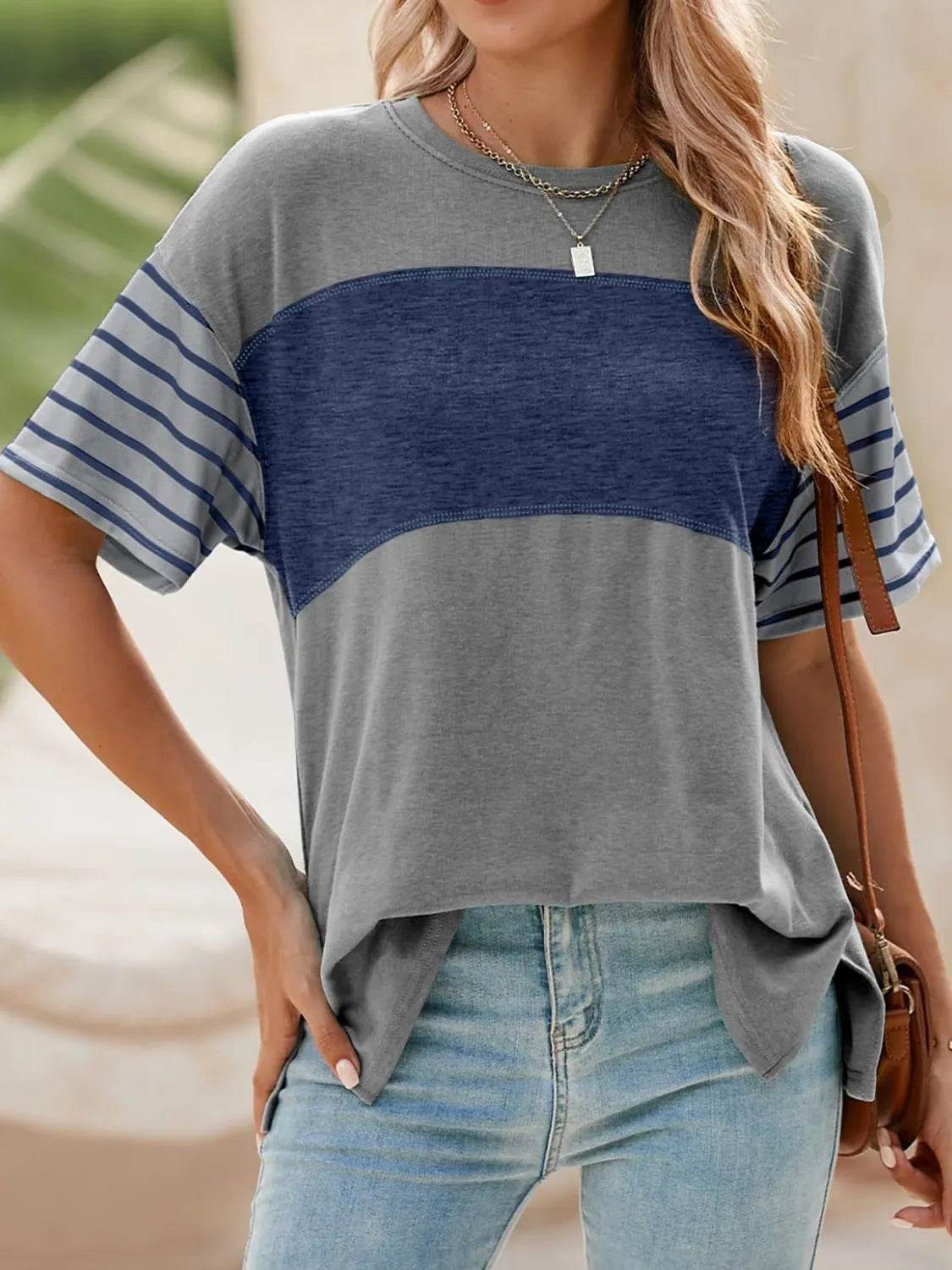 Stylish Color Block Striped Sleeve Casual T-Shirt for Everyday Comfort and Versatility - Store 42