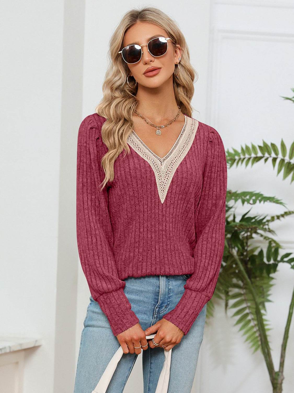 Lace Detail V-Neck Blouse with Ribbed Texture - Opaque, Slightly Stretchy Fabric - Store 42