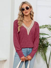 Lace Detail V-Neck Blouse with Ribbed Texture - Opaque, Slightly Stretchy Fabric - Store 42