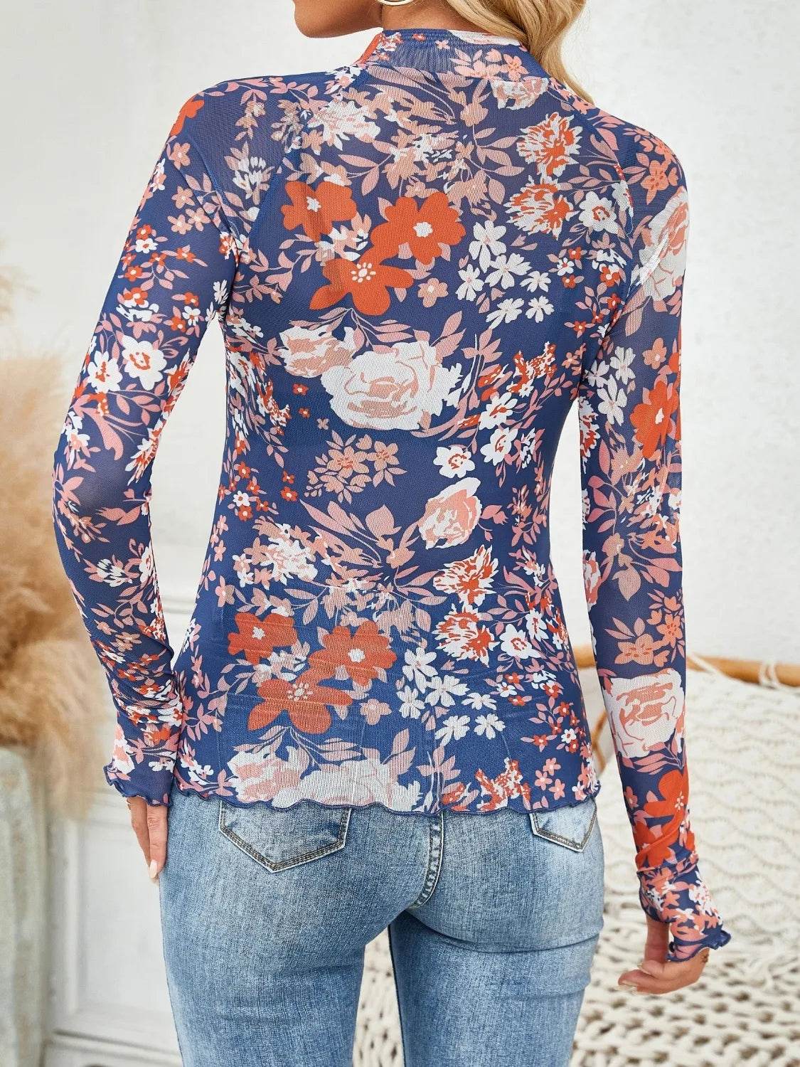 Floral Mock Neck Long Sleeve Top for Women - Slightly Stretchy, Comfortable Polyester Blend