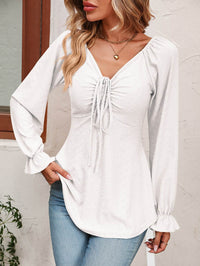 Mandy Tie Front V-Neck Blouse with Flounce Sleeves in Solid Casual Style - Store 42