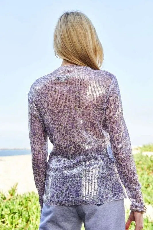 Davi & Dani Glamorous Sequin Mock Neck Long Sleeve Mesh Top - Chic & Stylish