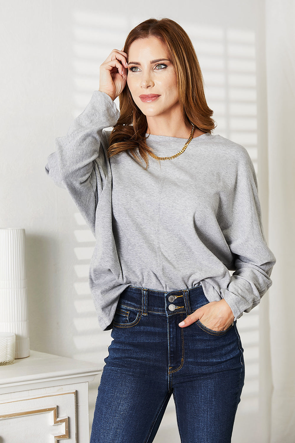 Double Take Seam Detail Round Neck Long Sleeve Top Light Gray