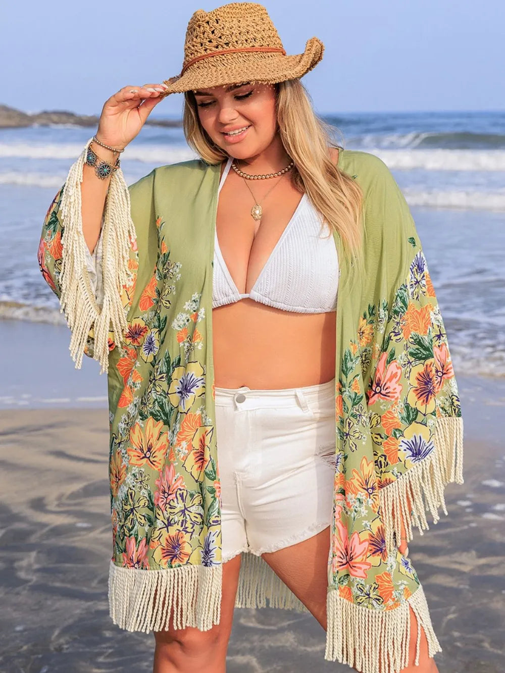 Plus Size Open Front Cover-Up With Chic Fringe Detail - Sheer 100% Viscose, No Stretch