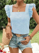 Ruffle Sleeve Gingham Square Neck Top