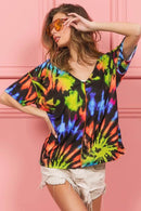 Trendy Tie Dye Print V-Neck Top in Soft Cotton - Chic Jersey Stitched Design - Store 42