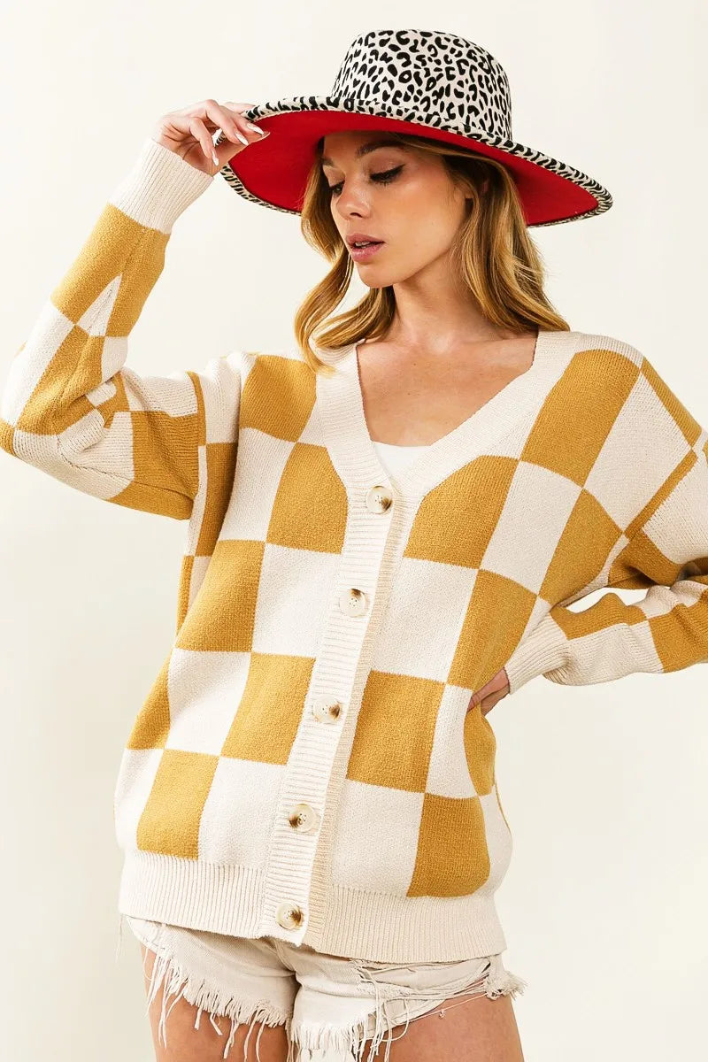 Stylish BiBi Mustard & Cream Checked V-Neck Cardigan with Button Front - Soft Knit Fabric