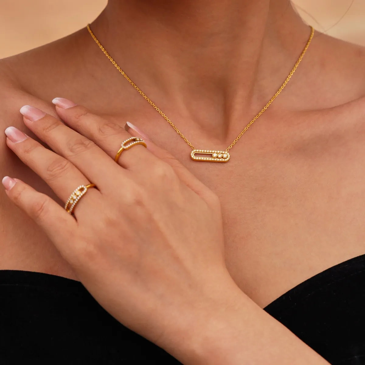 Elegant 2-Piece Moving Crystal Bar Necklace and Ring Jewelry Set in Platinum and Gold