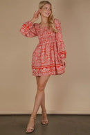 VERY J Printed Smocked Chest Boho Mini Dress