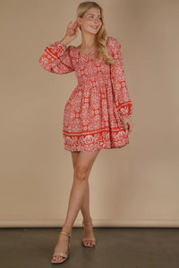 VERY J Printed Smocked Chest Boho Mini Dress