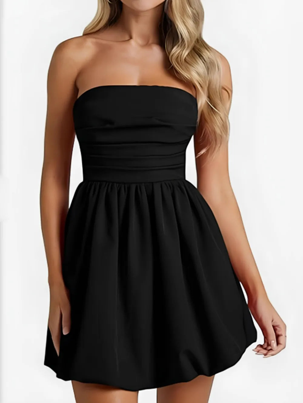 Sleek Ruched Tube Mini Dress - Opaque, Slightly Stretchy, 65% Polyester, 35% Cotton