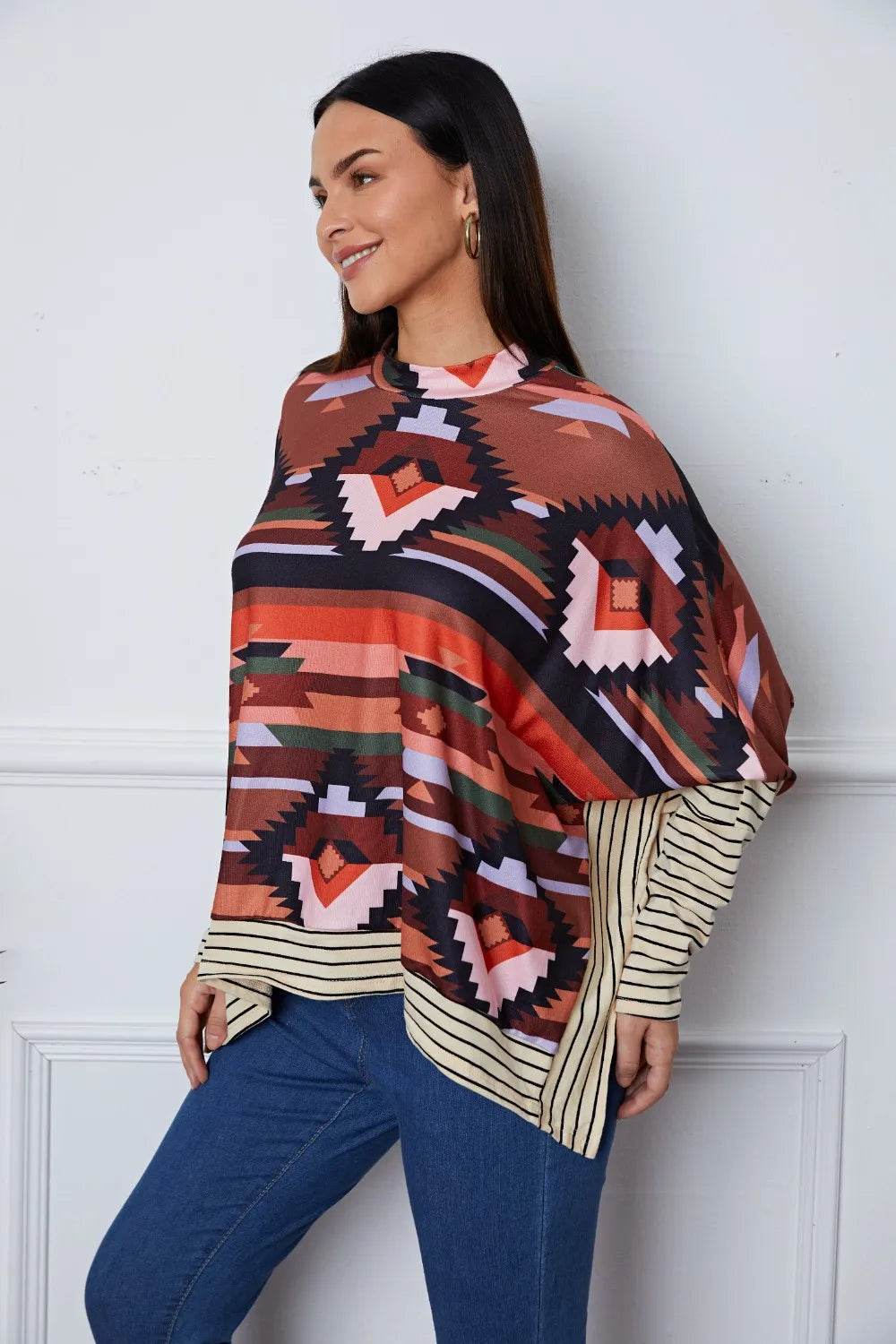 Trendy Geometric Striped Round Neck Blouse - Slightly Stretchy & Opaque Fabric, 95% Polyester
