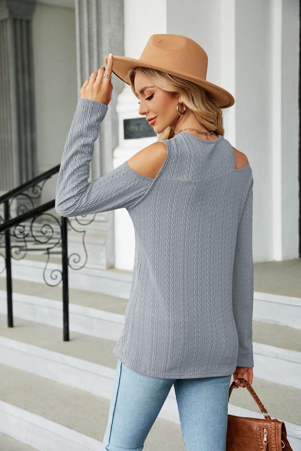 Trendsi Casual Cold-Shoulder Blouse with Long Sleeves and Round Neck - Solid Opaque Design - Store 42