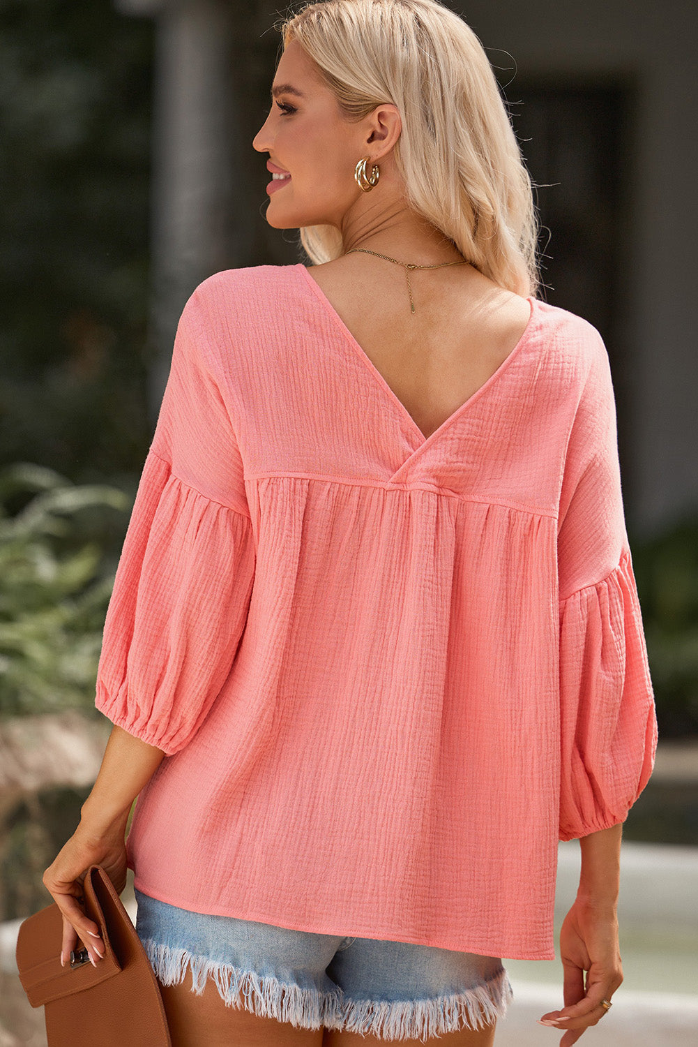 Trendsi Solid Long Sleeve Dropped Shoulder V-Neck Blouse - Casual 100% Cotton Top