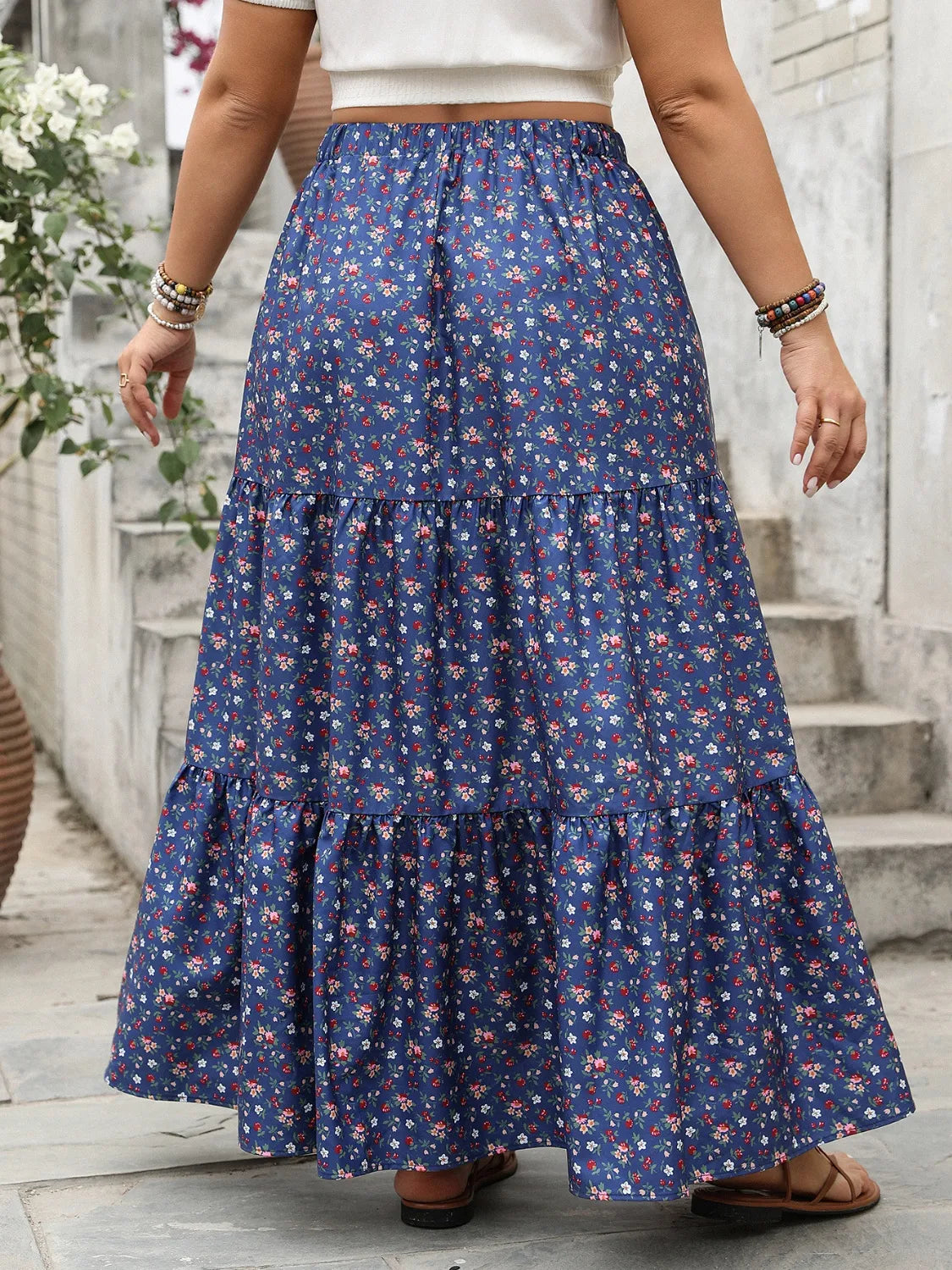 Plus Size Floral Maxi Skirt with Lace Detail and Elastic Waist - 100% Polyester, Tiered Design