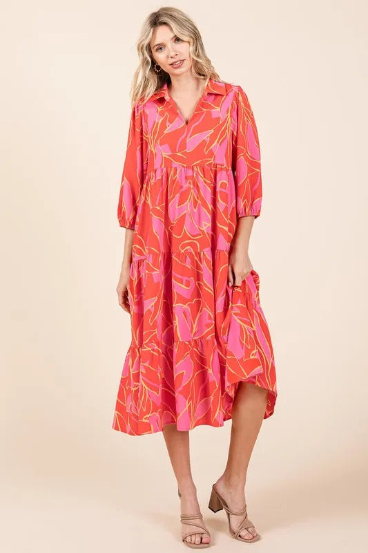 Elegant Tiered Printed Midi Dress With Collared Neckline For Work & Leisure