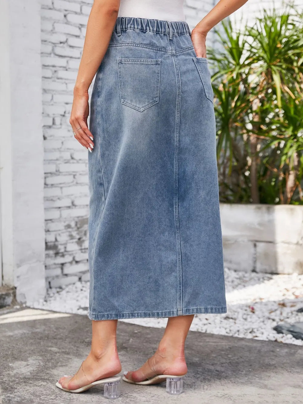 Stylish Slit Midi Denim Skirt with Pockets - 95% Rayon, Non-Stretch, Machine Washable
