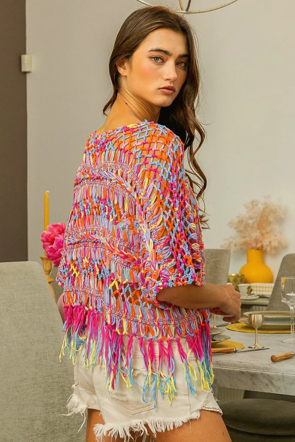 BiBi Openwork Knit Cover Up With Fringed Hem - Stylish Summer Layering Piece